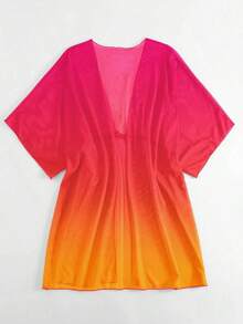 Kimono de ombré de cintura con cordón de manga murciélago de malla - Rosa Fucsia - Ver 2