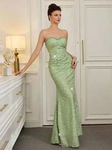 Vestido sin tirantes con lentejuelas para mujer, vestido de gala elegante y lujoso, estilo de socialité de alta gama - Verde - Ver 8