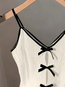 Top de tirantes finos de mujer con textura de tela sin mangas y decoración de lazo para el verano - Blanco 2 - Ver 3
