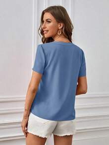 Blusa casual de mujer de unicolor con cuello en V y manga corta - Niebla azul - Ver 2