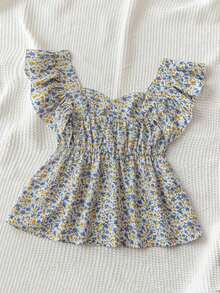 estilo babydoll holgado de cuello cuadrado para mujer "WYWH Vacation" - Top estilo babydoll de cuello cuadrado con estampado floral azul y mangas con volantes - Multicolor 2 - Ver 2