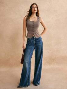 Chaleco corto de estilo retro francés, parte superior casual para mujer, chaleco marrón, cuello cuadrado clásico, versátil y de moda, FW24 - Marrón - Ver 6