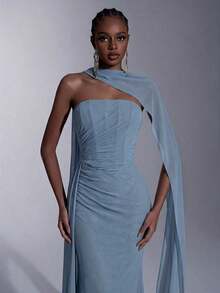 Vestido elegante de tela de gasa sin tirantes con forma de sirena, cintura baja, plisado lateral y drapeado (desmontable, multiusos) adecuado para citas, vacaciones, bodas, compras, uso diario, vestido de dama de honor - Niebla azul - Ver 3