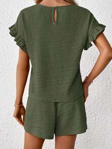 Top de manga con volante & Shorts de cintura con cordón - Verde militar - Ver 2