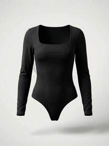 Women's Long Sleeve Square Neckline Premium Lined Bodysuit - 黑色 - 查看 6