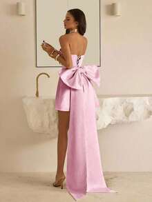Top bandeau elegante y lujoso con cuello de lazo grande y cadena de perlas, adecuado para bodas, eventos, fiestas, vacaciones, galas - Rosa vieja - Ver 8