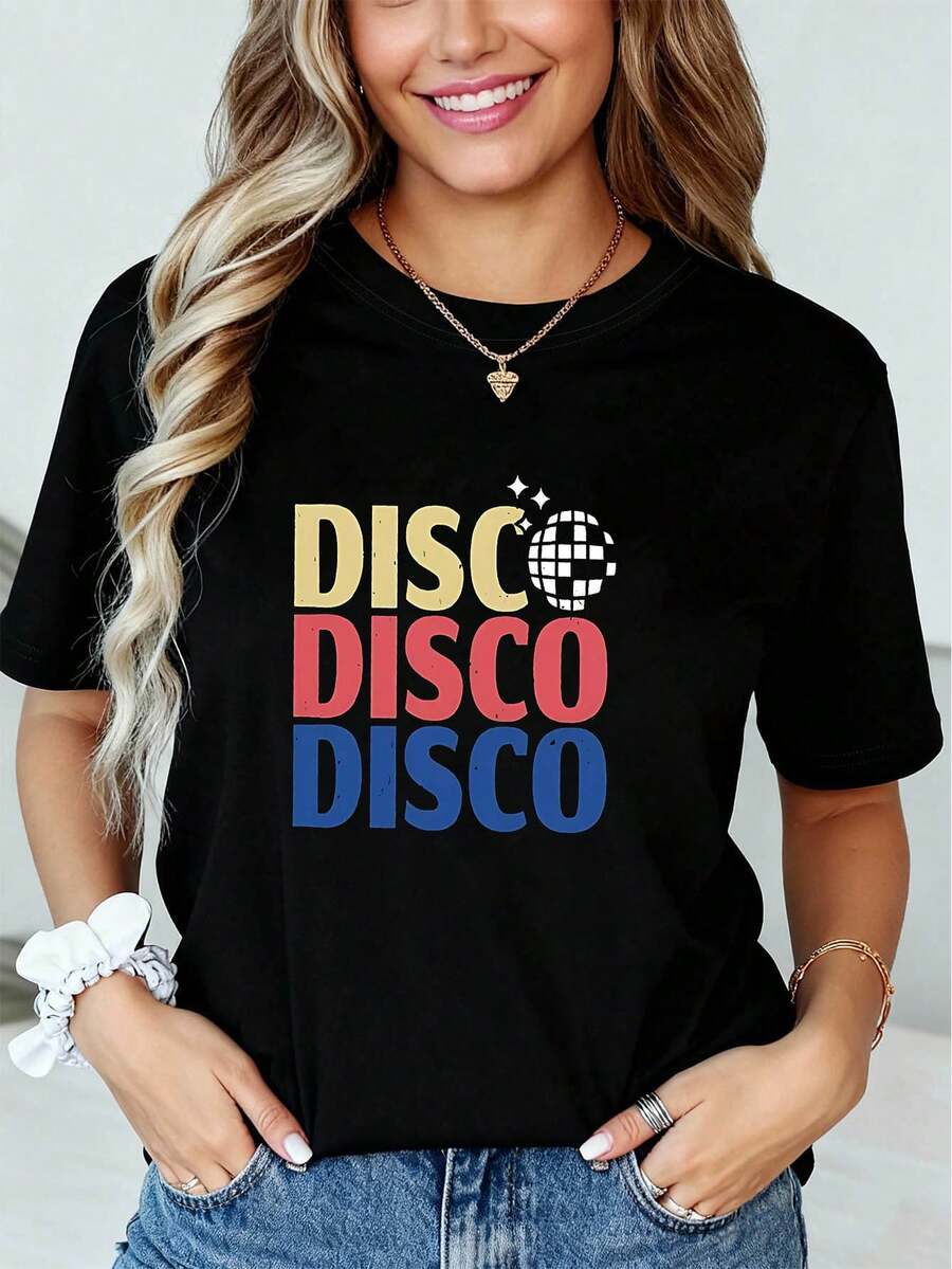 Camiseta casual de manga corta con cuello redondo para mujer, con diseño de bola de discoteca vintage, perfecta para primavera y verano - Camiseta unisex de algodón suelto de manga corta y cuello redondo estilo vintage urbano. - Negro - Ver 1