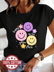 Women's Casual Short Sleeve T-Shirt With Graphic Print "Nice To See Your Face" 100% Letters, Round Neck, Ideal For Summer And Spring - Black - View 7
