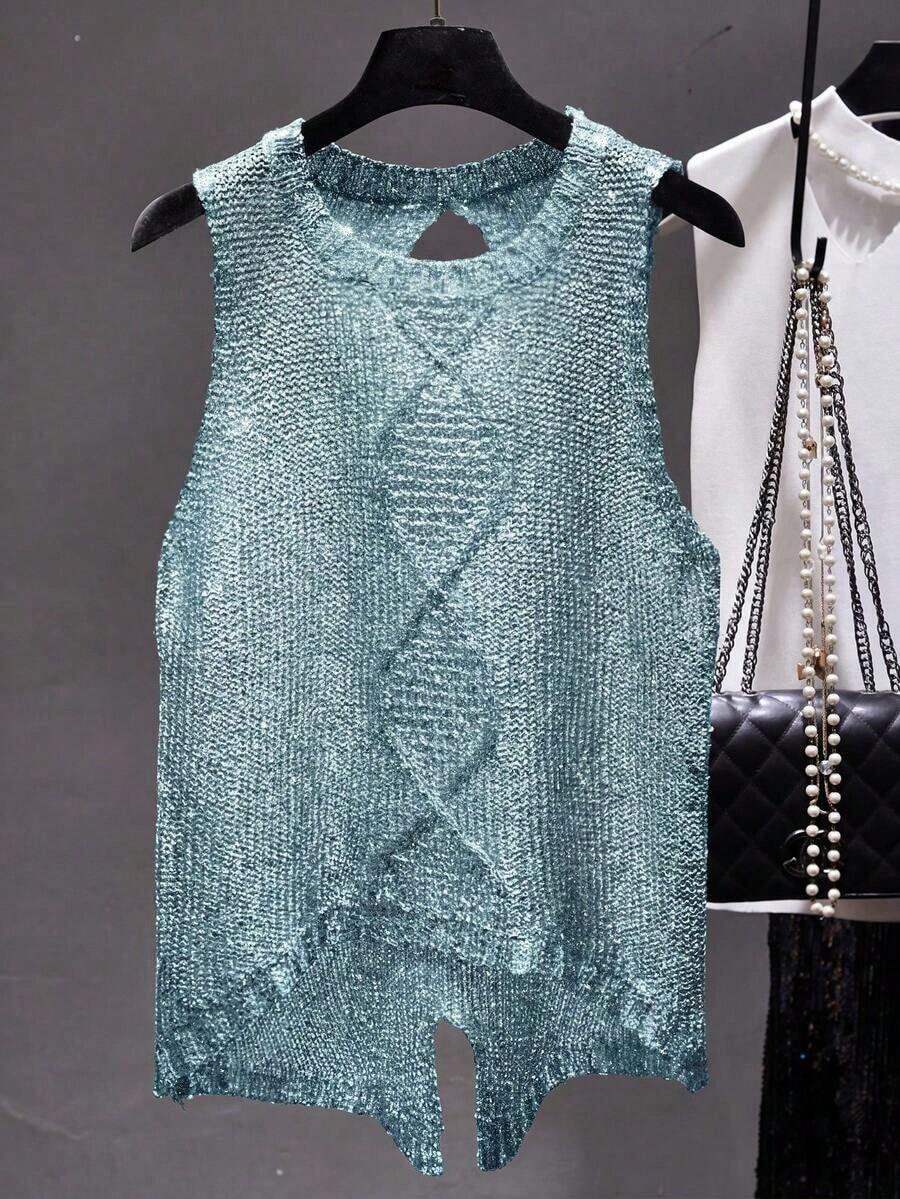 Camiseta de punto sin mangas para mujer, cuello redondo, diseño de bajo asimétrico, para verano - Azul - Ver 1