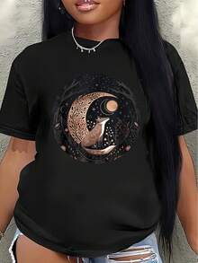 Lightweight And Durable Polyester Short-Sleeved T-Shirt With A Yin-Yang Moon Design, Suitable For Home, Cafes, Or Outdoor Leisure Occasions; Comfortable And Casual For Everyday Wear. Women's Blouses > Clothing - 黑色 - 查看 1