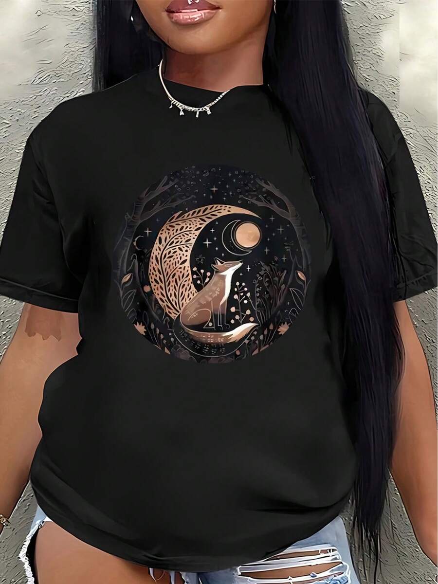 Lightweight And Durable Polyester Short-Sleeved T-Shirt With A Yin-Yang Moon Design, Suitable For Home, Cafes, Or Outdoor Leisure Occasions; Comfortable And Casual For Everyday Wear. Women's Blouses > Clothing - 黑色 - 查看 1