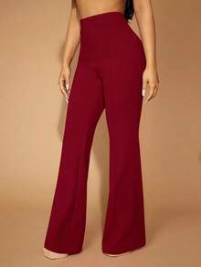 Pantalones de pierna acampanada de cintura alta elegantes para uso diario, de unicolor - Burdeos - Ver 5