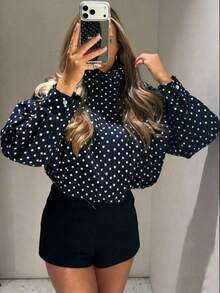 Ropa de otoño para mujer Ropa de invierno Abrigo de invierno con lunares Chaquetas cortas para mujer Abrigos Blusas de manga larga Chaquetas con cremallera para damas Abrigos cortos de primavera y otoño Nuevas prendas de calle Chaqueta corta con cremallera - Azul marino - Ver 1