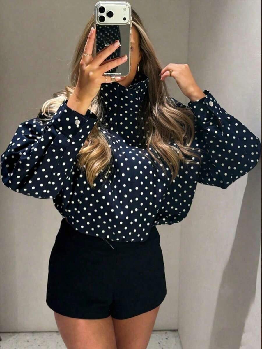 Ropa de otoño para mujer Ropa de invierno Abrigo de invierno con lunares Chaquetas cortas para mujer Abrigos Blusas de manga larga Chaquetas con cremallera para damas Abrigos cortos de primavera y otoño Nuevas prendas de calle Chaqueta corta con cremallera - Azul marino - Ver 1