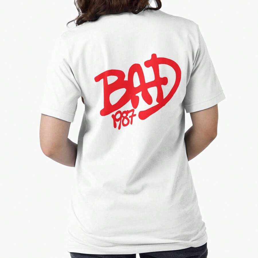 Women's Casual Cotton Round Neck Short Sleeve Regular Length T-Shirt with Unique Red 'BAD 1987' Print - Blanco - Ver 1