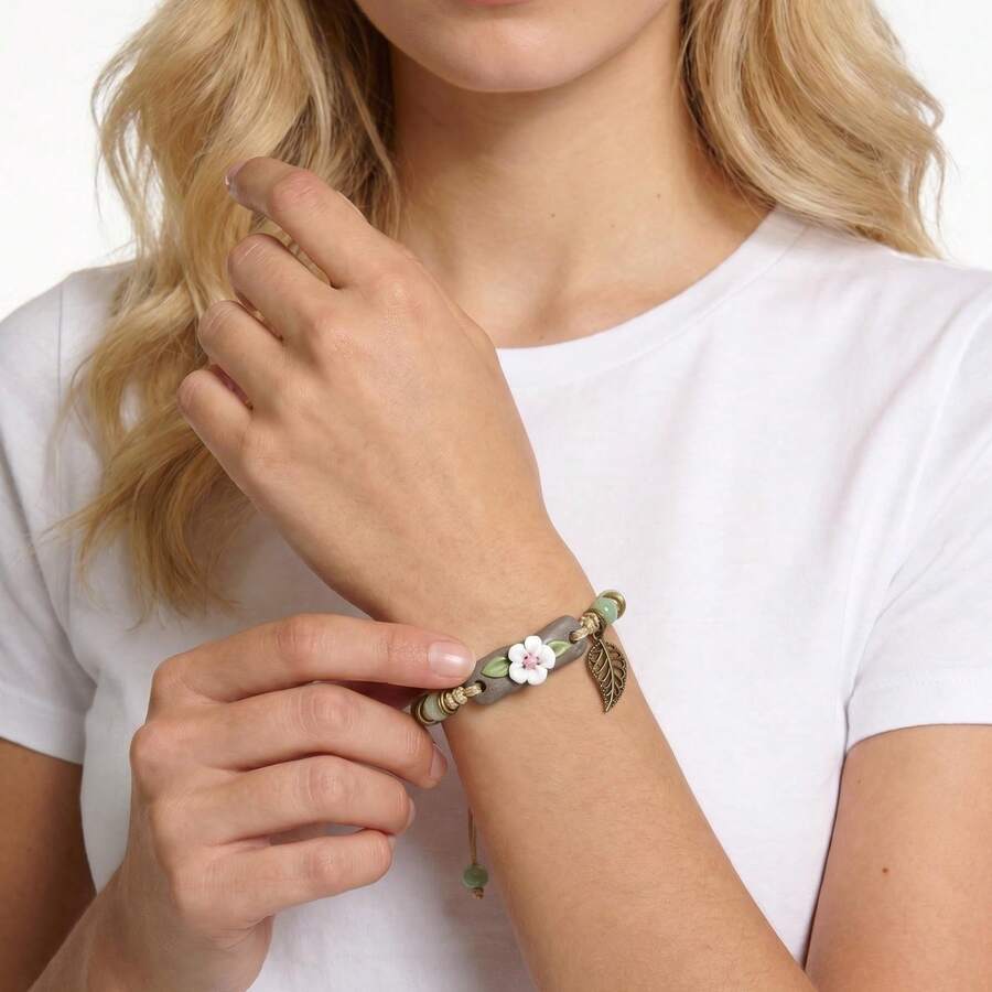 Handmade Ceramic Beaded Bracelet Adjustable Handmade Bracelet With Leaf Pendant Country Charm Accessory Bracelet Ceramic Floral Small Jewelry Friendship Bracelet Best Friends ESRC - Những bông hoa màu hồng dài - Xem 1