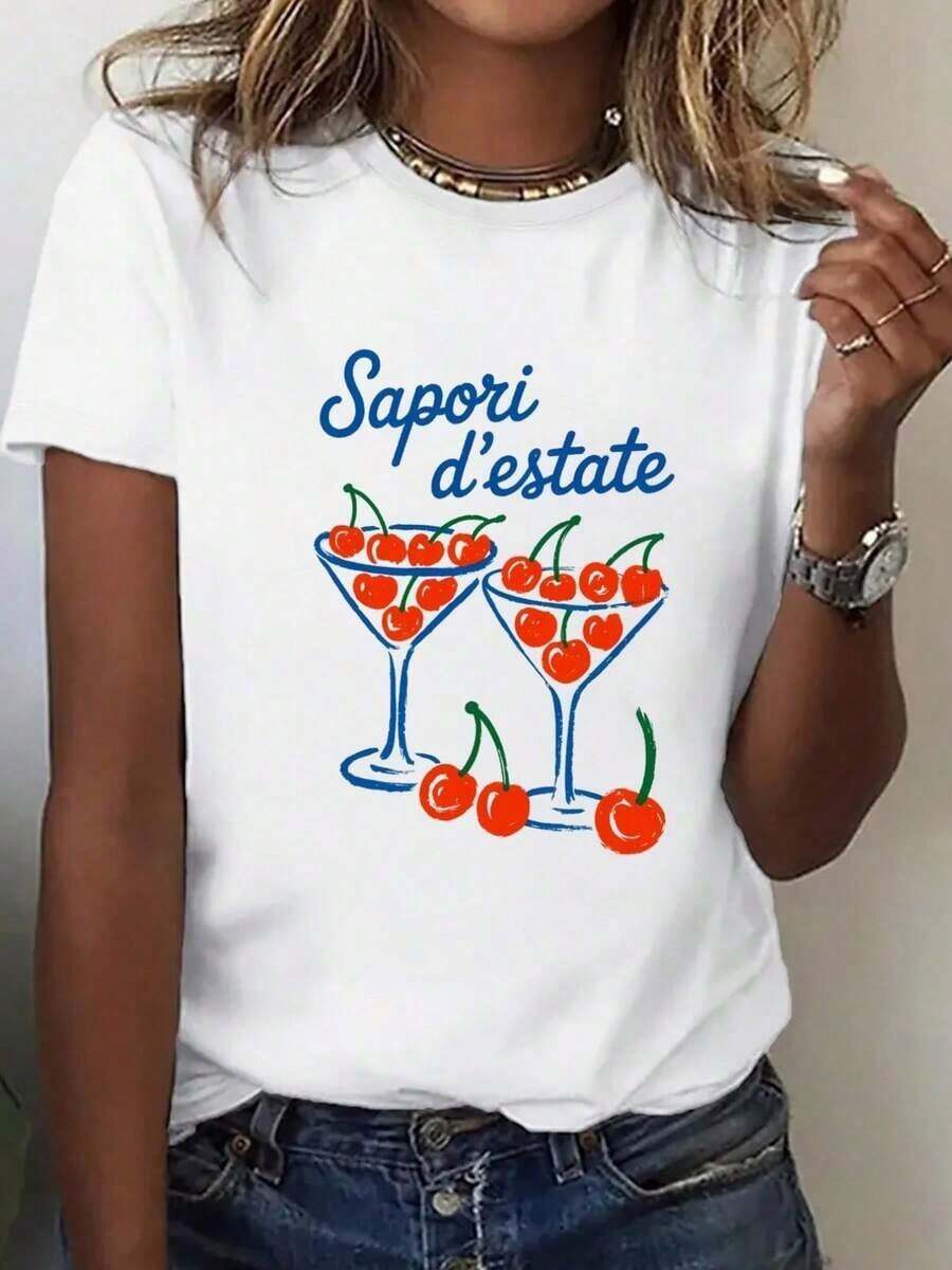 Women's Plus Size Casual T-Shirt With Italian Summer Cherry Graphic Print - Short Sleeve Crew Neck Loose Fit White With Blue Lettering, Breathable Fabric For Spring And Summer Outfits, Beach Trips, Casual Outings And Casual Wear - Machine Washable - 白色 - 查看 1