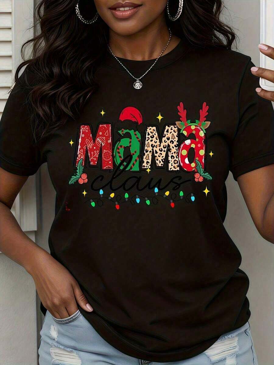 Women's Mrs. Claus Christmas T-Shirt, Festive T-Shirt With Santa Hat And Reindeer Design, Christmas Lights Print, Vintage Casual Style, Unisex, Cotton, Short Sleeve, Round Neck, 100% Cotton - 黑色 - 查看 1