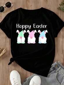 Women's Casual T-Shirt With Easter Bunny Print, Spring Summer Fashion Top, Short Sleeve White Graphic T-Shirt - Unisex Urban Vintage Style, Loose Fit Cotton Short Sleeve Crew Neck T-Shirt, 100% Cotton - 黑色 - 查看 4