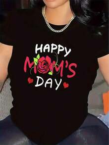 Women's Printed T-Shirt With A Mother's Day Theme, Made Of Polyester, Ideal For Wearing At Home Or In The Living Room. The Fabric Is Durable And Comfortable, Making It A Perfect Gift For Mothers. Fashionable Rose Print Design, Lightweight And Breathable, Suitable For Casual Everyday Wear. Casual Crew Neck For Daily Wear. Summer T-Shirt. - 黑色 - 查看 7