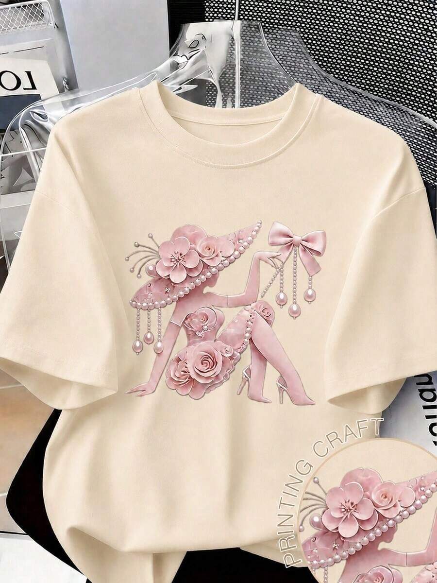 Camiseta casual estampada para mujer, de manga corta y cuello redondo, moda urbana local para primavera/verano. - Caqui - Ver 1