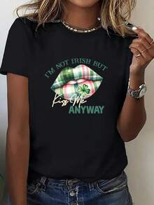 Women's St. Patrick's Day Printed Short-Sleeve T-Shirt, Part Of The St. Patrick's Day Collection. Women's Short-Sleeve Crew Neck T-Shirt With A Plaid And Shamrock Print. Loose Fit, Eye-Catching And Attention-Grabbing - Unisex Cotton Loose-Fitting Short-Sleeve Crew Neck T-Shirt With A Vintage Urban Style. - 黑色 - 查看 7