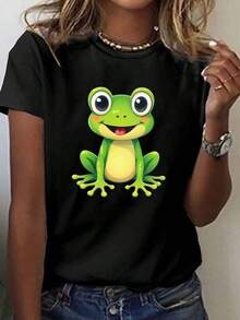 1 Pieza Camiseta 180g 100% Algodón Unisex Holgada. 1 Pieza Camiseta 180g 100% Algodón Unisex Holgada. Camiseta Divertida Rana Animada para Mujeres Juvenil Casual, Tela Suave Confort Diario, Estilo Moderno para Uso Diario y Salidas Informales, Disponible en Tamaños S-XL, Color Negro, Ropa de Moda Estampada,  de Verano. Cómoda y versátil para escuela, trabajo, salidas y eventos casuales Cómoda y versátil para escuela, trabajo, salidas y eventos casuales - Negro - Ver 1