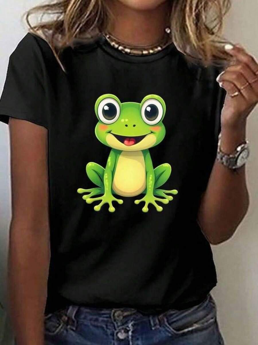 1 Pieza Camiseta 180g 100% Algodón Unisex Holgada. 1 Pieza Camiseta 180g 100% Algodón Unisex Holgada. Camiseta Divertida Rana Animada para Mujeres Juvenil Casual, Tela Suave Confort Diario, Estilo Moderno para Uso Diario y Salidas Informales, Disponible en Tamaños S-XL, Color Negro, Ropa de Moda Estampada,  de Verano. Cómoda y versátil para escuela, trabajo, salidas y eventos casuales Cómoda y versátil para escuela, trabajo, salidas y eventos casuales - Negro - Ver 1