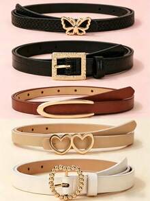 5pcs/Set Ladies' Adjustable Belts, Black & White Faux Leather With Butterfly And Heart-Shaped Alloy Buckles, Elegant High-End Design, Versatile For Casual, Work, Gift Summer, School Fall, Autumn, Halloween - 彩色 - 查看 6