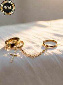 Bộ nhẫn dây chuyền ZCNC dành cho nữ, làm từ thép không gỉ 304 mạ vàng 18K - gồm 3 chiếc nhẫn nối liền nhau, đính đá hình thánh giá và cỏ bốn lá; trang sức thời trang không gây dị ứng, món quà hoàn hảo cho Ngày của Mẹ, phụ kiện không thể thiếu cho kỳ nghỉ hè. - Vàng - Xem 8