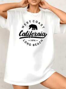 Women's T-Shirt With A Graphic Print Of A Western California Bear, Long Beach 1976, 100% Cotton, Crew Neck, Relaxed Fit, Casual Style, 1 Piece. These Make Excellent Gifts For Friends And Family. - 白色 - 查看 7