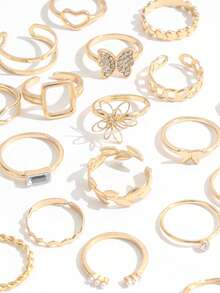 23pcs Set Rhinestone Butterfly Rings, Hollow Heart Wave Knuckle Rings Stacking Rings Set For Women - Gold - View 3