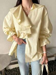 Blusa suelta con escote en V, volantes y parches elegante - Amarillo - Ver 3