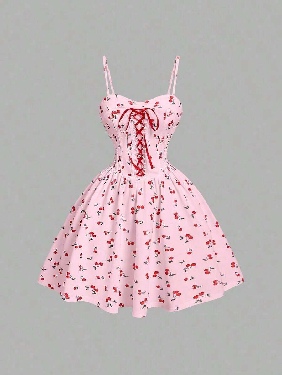 MOD Elegant Cherry Print Color Block Tie Waist Dress, Ideal For Summer, Festivals, Tropical, Vacation, Flirty, Parties, Flowy, Tea, Brunch, Fairy Core Style And Elegant Outfits For Women - 白色 - 查看 1