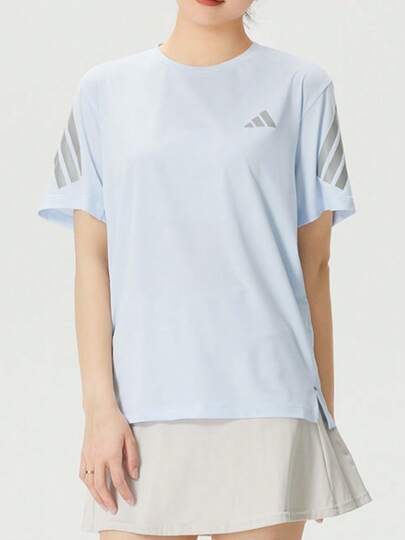  Adidas Climacool Striped Logo Comfortable Casual Crew Neck Short Sleeve T-Shirt For Women