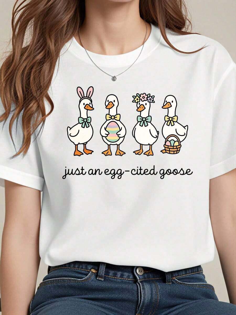 New Fashion Women's Crew Neck-Shirt Easter Duck Print Crewneck Shirt Casual Cartoon Design With Bow And Motif Women Spring Festival Outfit Daily WearSummer-ready versatile design. - Blanco - Ver 1