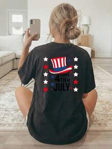 [Double-Sided Print] Women's Short-Sleeved, Crew-Neck T-Shirt In A Casual Style, Featuring A US Independence Day Print That Combines The Star-Spangled Banner With Star-Shaped Text. Machine Washable, Suitable For Casual Wear, Versatile Clothing, A  And Fashionable T-Shirt Made Of Comfortable Material, Perfect For Fashion Enthusiasts. - 黑色 - 查看 3