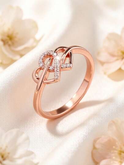 1pc French Elegant Romantic Heart-Shaped Women's Ring, Hollow Design, Inlaid With Round Synthetic Zirconia, Perfect Ideal Proposal, Confession Surprise Gift For Valentine's Day, Suitable For Wedding, Engagement