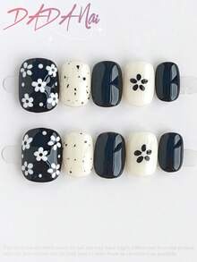 10pcs Short Square Handmade Press On Nails, Summer Nails, Black & Cream Fake Nails, Hand‑Painted White Flower, Polka Dot & Speckle Nail Art, Glossy Finish, Reusable Acrylic Nails For Daily Wear - Multicolor - View 2