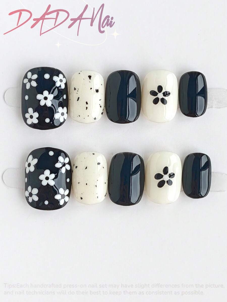 10pcs Short Square Handmade Press On Nails, Summer Nails, Black & Cream Fake Nails, Hand‑Painted White Flower, Polka Dot & Speckle Nail Art, Glossy Finish, Reusable Acrylic Nails For Daily Wear