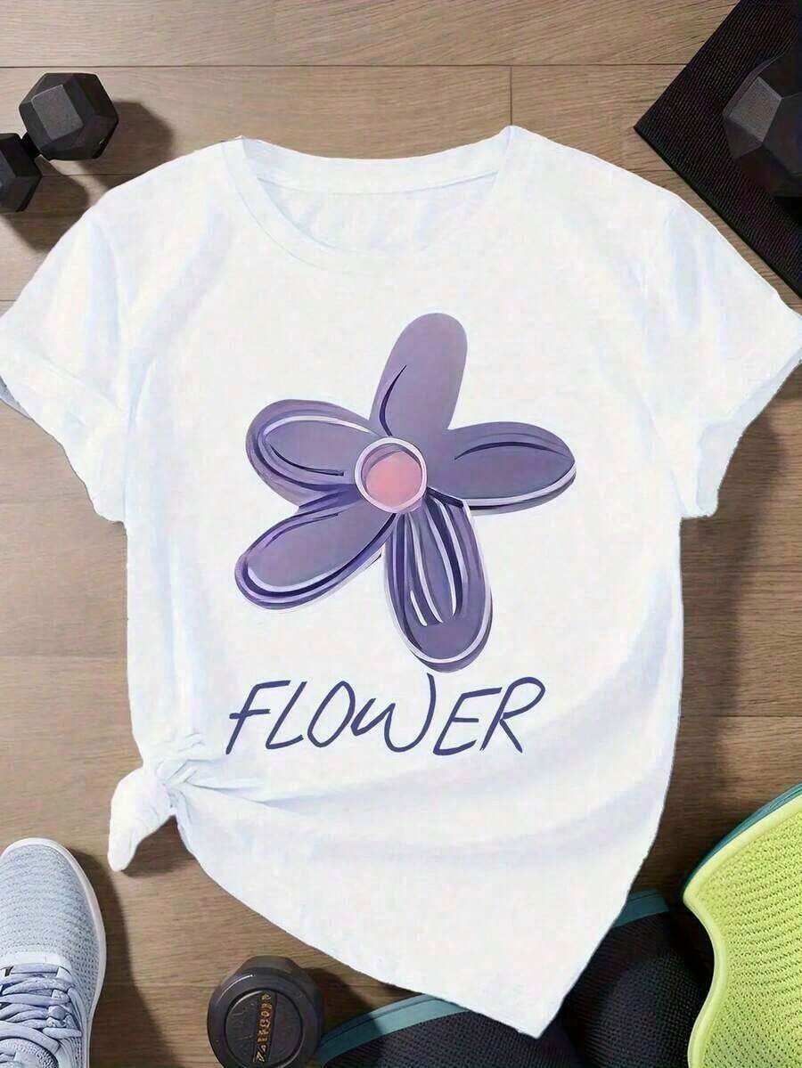 Camiseta Blanca Suave y Transpirable para Mujer - Top Casual de Cuello Redondo Holgado con Diseño de Flores Moradas, Adecuada para Uso Diario y Ocasiones Especiales, Ideal para el Hogar y Eventos, Lavable a Máquina, Tejido Moderno y Duradero, Camiseta Casual de Manga Corta con Cuello Redondo, Tejido Suave y Transpirable para Fiestas y Regalos. - Blanco - Ver 1