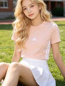 adidas ESSENTIALS SLIM 三條紋短圓領舒適修身短袖 T卹 女款 - 淡粉 - 查看 2