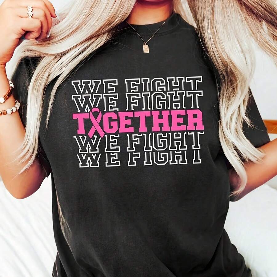 Together We Fight Shirt, Breasancer Port Tee, Port Matching Shirt, Cancer Fighter Gif For Her, Cancer Shirt220G Heavyweight 100% Cotton T-Shirt.  With Butterfly Print Pattern, Suitable For Girls And Women Short Sved Round Neck Inspirational Shirt, Cute Aesthetic Y2K Style Summer Top, Suitable For Outdoor, Family, Work Or Street Wear Casual Loose Daily T-Shirt - 黑色 - 查看 1