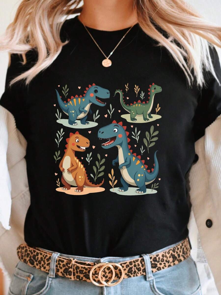 Women's Cartoon Dinosaur Print T-Shirt - Casual Short-Sleeve Crew Neck T-Shirt With A Vibrant Dinosaur And Leaf Design, Medium Stretch, Machine Washable, Comfortable Fit For All Seasons, Fun Dinosaur-Themed Graphic Tee, Women's Blouses Made Of Medium Stretch Fabric. - 黑色 - 查看 1