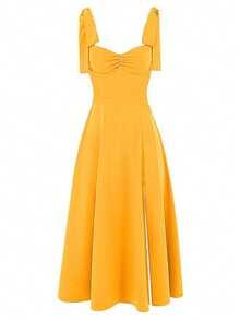 Plus Size French-Style Long Chiffon Holiday Dress, Spaghetti Straps, Open Back, Sensual Euro-American Fashion Design - Yellow - View 7