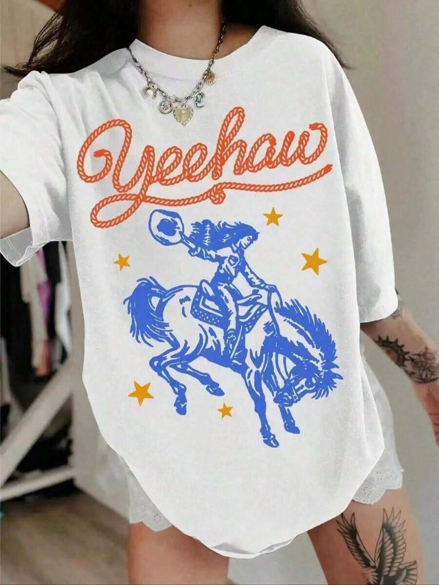 Women's "Yeehaw" Retro Cowboy Print T-Shirt, Comfortable And Breathable, Pure Cotton, Short Sleeve, Round Neck, Loose Fit, Casual Urban Style, Soft Black Fabric T-Shirt With Rope Lettering And Rodeo Horse Graphic For Everyday Wear - 白色 - 查看 1