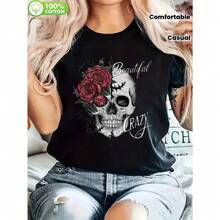 Camiseta de cuello redondo con estampado casual puro de calavera y rosas, belleza, cómoda y holgada, 100 % apta para hombre y mujer, suave y ligera - [Negro] - Ver 6