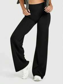 2 Pack High Waist Wide Leg Yoga Pants No Front Seam Women's Workout Gym Leggings - 黑色棕色 - 查看 7
