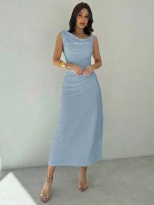 Vestido de mujer de cuello asimétrico blanco con volantes en la cintura, vestido elegante y sexy para ir al trabajo, de vacaciones, de moda y moderno, para primavera/verano, para ir al trabajo, elegante, sexy, de vacaciones, playa, Hawái, temporada de bodas, ceremonia de graduación, baile de graduación - Celeste - Ver 4