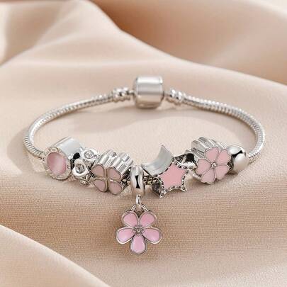 1pc Pink Star Beaded Bracelet, 5-Petal Flower Pendant, DIY Snake Bone Chain, Girly Everyday Versatile Accessory